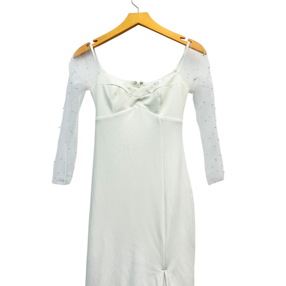 Lulus Eternally Beloved White Mesh Off-the-Shoulder Pearl Maxi Dress M NWT - Picture 6 of 10